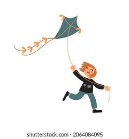 Happy kid playing kite. Cheerful child and his flying kite. Phrase Be free on his t shirt. Children activity outdoor, cartoon character. Hand drawn vector illustration isolated on white. Flat design