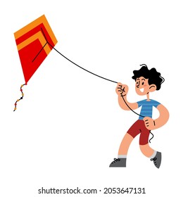 Happy kid playing kite flat vector illustration 