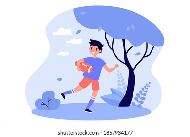 Niño feliz jugando rugby al aire libre, sosteniendo pelota y corriendo en el campo. Ilustración vectorial para la infancia, el deporte, el joven jugador de rugby, concepto de fútbol americano