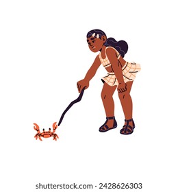 Happy kid plays with crab. Interested girl pokes with stick into sea animal. Curious child in cute swimsuit funs on beach. Summer vacation. Flat isolated vector iillustration on white background