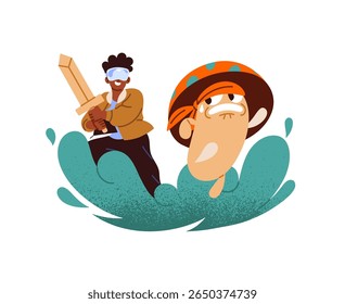 O garoto feliz joga o jogo em realidade aumentada ou virtual. Criança em óculos de RV, óculos de RA se diverte. Garotinho está numa simulação visual interativa. Ilustração de vetor isolado plano sobre fundo branco