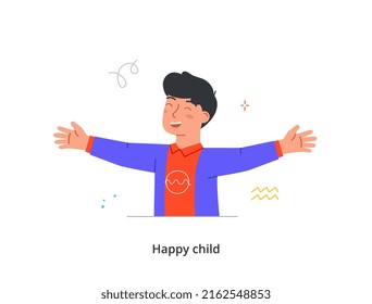 Happy Kid Raising And Waving Hands. Cute Little Boy Spreads His Arms Wide And Smiles. Positive Child Wants To Hug His Friends. Active Funny Child. Cartoon Flat Vector Illustration In Doodle Style