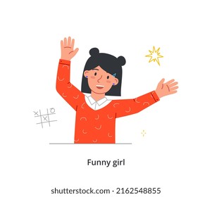 Happy kid raising and waving hands. Cute little girl in stylish clothes raises her palms up and laughs. Positive child smiles and plays. Cartoon modern flat vector illustration in doodle style