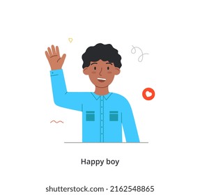 Happy kid raising and waving hands. Cute little boy shows gesture, says hello or bye and smiles. Positive child greets friends. Active preschooler. Cartoon flat vector illustration in doodle style