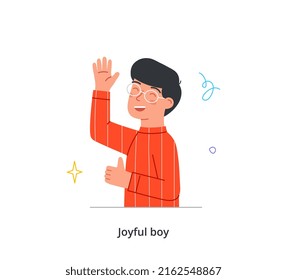 Happy kid raising and waving hands. Cute boy gestures with his palms and greets his friends. Laughing positive child with glasses. Active preschooler. Cartoon flat vector illustration in doodle style