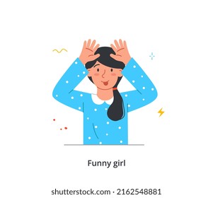 Happy kid raising and waving hands. Funny girl makes grimaces and shows her tongue. Cute positive child teases peers and friends. Active preschooler. Cartoon flat vector illustration in doodle style