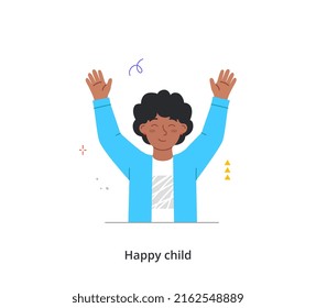 Happy kid raising and waving hands. Cute little girl raises her palms up and smiles. Child with positive emotions. Active preschooler shows gestures. Cartoon flat vector illustration in doodle style