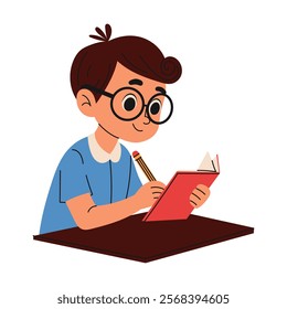 Happy kid read book and do homework. Knowledge concept. Hand drawn style.