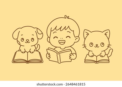 Happy kid reading book with cute puppy and kitten, kawaii cartoon vector illustration for kids’ book club and story time
