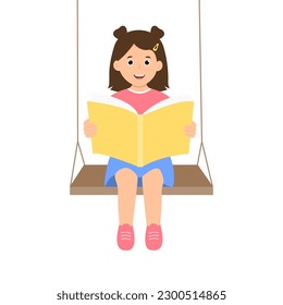 Happy kid reading book  while sitting on swing. Child reader enjoying literature. Vector Illustration isolated on white background