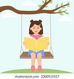 Fröhliches Kind, das beim Lesen des Buches auf dem Schaukel sitzt. Kinderleser, die Literatur genießen. Freuen Sie sich auf Zeit, Entspannung, Hobby und Sommerzeit. Vektorgrafik