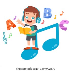Happy kid reads book.  Studying and  knowledge concept.
