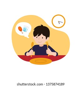 a happy kid ready for iftar time or break fasting vector illustration. children's ramadan activity concept design.
