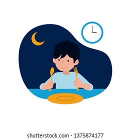 a happy kid ready for sahur or pre-dawn meal before start fasting vector illustration with night scene background. children's ramadan activity concept design.