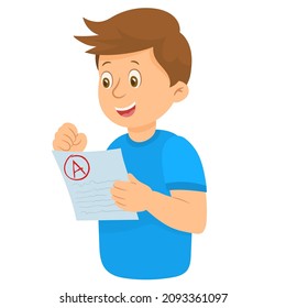 happy kid receive the 1st award from exams, holding a paper in hand
