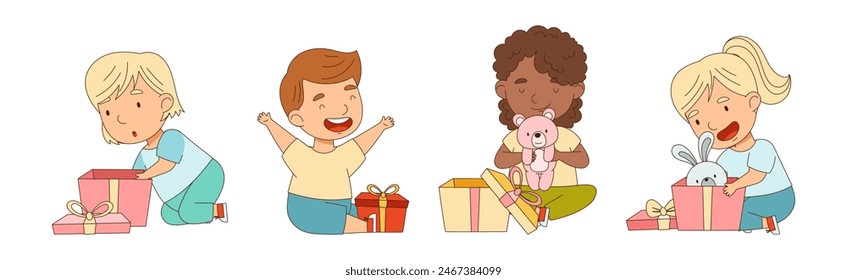 Happy Kid Recibe Regalo Caja Abierta Regalo con Excitación Vector Set