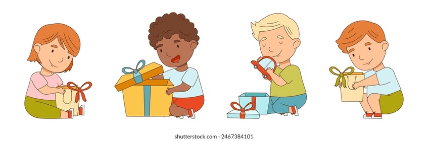 Happy Kid Receive Gift Box Open Present with Excitement Vector Set