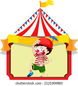 Happy kid with red nose on circus tent banner illustration