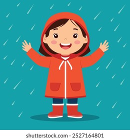 Happy kid in a red raincoat and rubber boots, playing in rainy weather with a smile cartoon vector illustration 