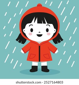 Happy kid in a red raincoat and rubber boots, playing in rainy weather with a smile cartoon vector illustration 