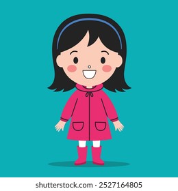 Happy kid in a red raincoat and rubber boots, playing in rainy weather with a smile cartoon vector illustration 