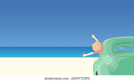 Happy kid rides to beach in retro car illustration vector.