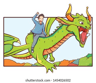 Happy Kid Riding a Dragon Vector Illustration. Magic Cute Dragon Flying Over The Forest With Kid Sitting Riding.