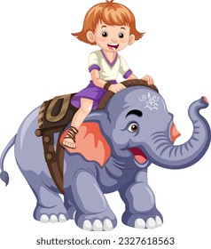 Happy Kid Riding Elephant in Cartoon Style illustration