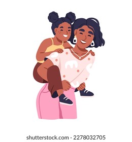 Happy kid riding on mothers back. Smiling laughing mom carrying daughter child. Joyful mum and girl having fun together, piggyback. Flat graphic vector illustration isolated on white background