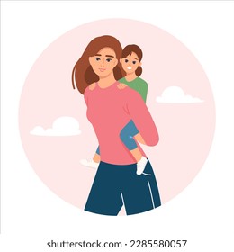 Happy kid riding on mothers back. Smiling laughing mom carrying daughter child. Joyful mum and girl having fun together, piggyback. Vector illustration in flat style