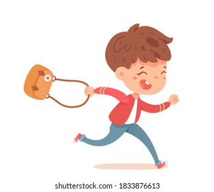 Happy kid running with bag. Cute child having fun, smiling and laughing. Entertainment and amusement leisure vector illustration. Summer holidays or after school playful times outdoor.