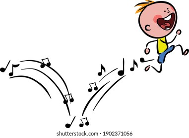 Happy Kid Running and Music notes illustration vector 
