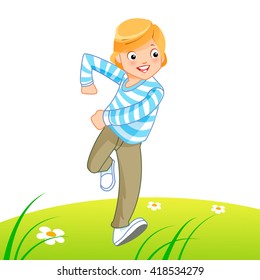 Happy kid running on the lawn