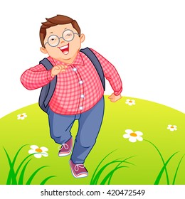 Happy kid running on the lawn