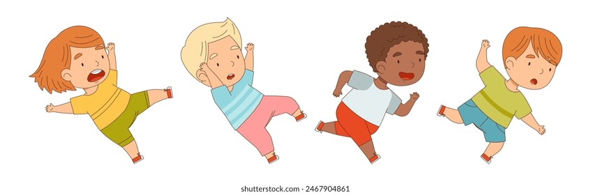 Happy Kid Running Rush Forward and Hurry Vector Set