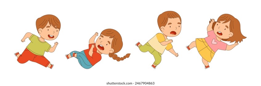 Happy Kid Running Rush Forward and Hurry Vector Set