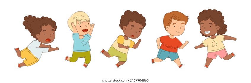Niño feliz que corre hacia adelante y apresurarse Vector conjunto
