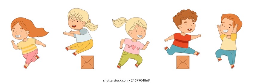 Happy Kid Running Rush Forward and Hurry Vector Set