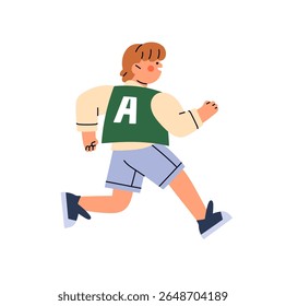 O garoto feliz corre no playground. Uma criança bonita está alcançando o sucesso, vença. Garotinho se diverte, joga, corre na corrida esportiva. Concursos de alunos, apresse-se. Ilustração de vetor isolado plano sobre fundo branco