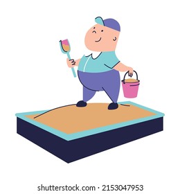 A happy kid in the sandbox plays with sand. A child in the playground with a pink bucket and a blue shovel. Cartoon graphic style illustration