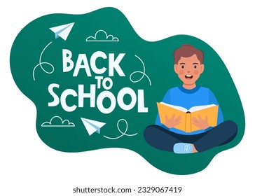 Sentados felices para niños con loto posan con libro abierto. Devolver a la escuela la inscripción con nubes y aviones de papel volando, dibujados con tiza en una tabla verde. Muchacho feliz. Vector
