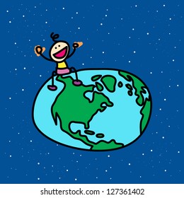 happy kid sit on the globe cartoon illustration