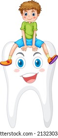 Happy kid sitting on a big tooth on white background illustration