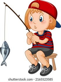 Happy kid sitting on a chair fishing illustration