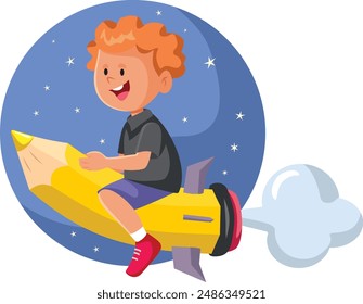 

Niño feliz sentado en un personaje de Vector de cohete de lápiz. Niño creativo volando en sueño de aventura educativa 
