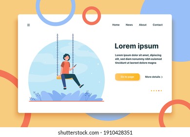 Happy kid sitting on swing and holding phone. Boy, smartphone, game flat vector illustration. Childhood and entertainment concept for banner, website design or landing web page