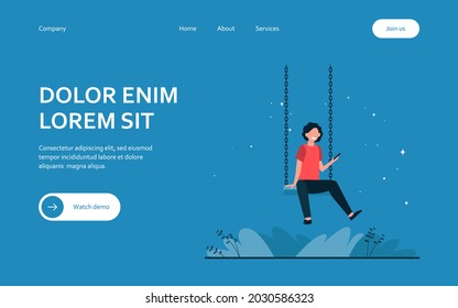 Happy kid sitting on swing and holding phone. Boy, smartphone, game flat vector illustration. Childhood and entertainment concept for banner, website design or landing web page