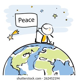 happy kid sitting on top of the globe holding a flag, peace on earth concept in children's drawing style series. Vector line art, doodle style sticky figure.