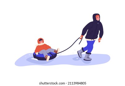 Niño feliz sentado en un tubo de nieve, amigo caminando y tirando de él con cuerda. Los niños se divierten en las vacaciones de invierno. Niños durante el tiempo de ocio en invierno. Ilustración vectorial plana aislada en fondo blanco