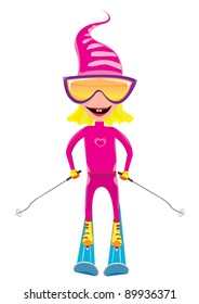 happy kid skiing on a slope, winter season sports vector illustration. Beaty young smiling girl on skis.